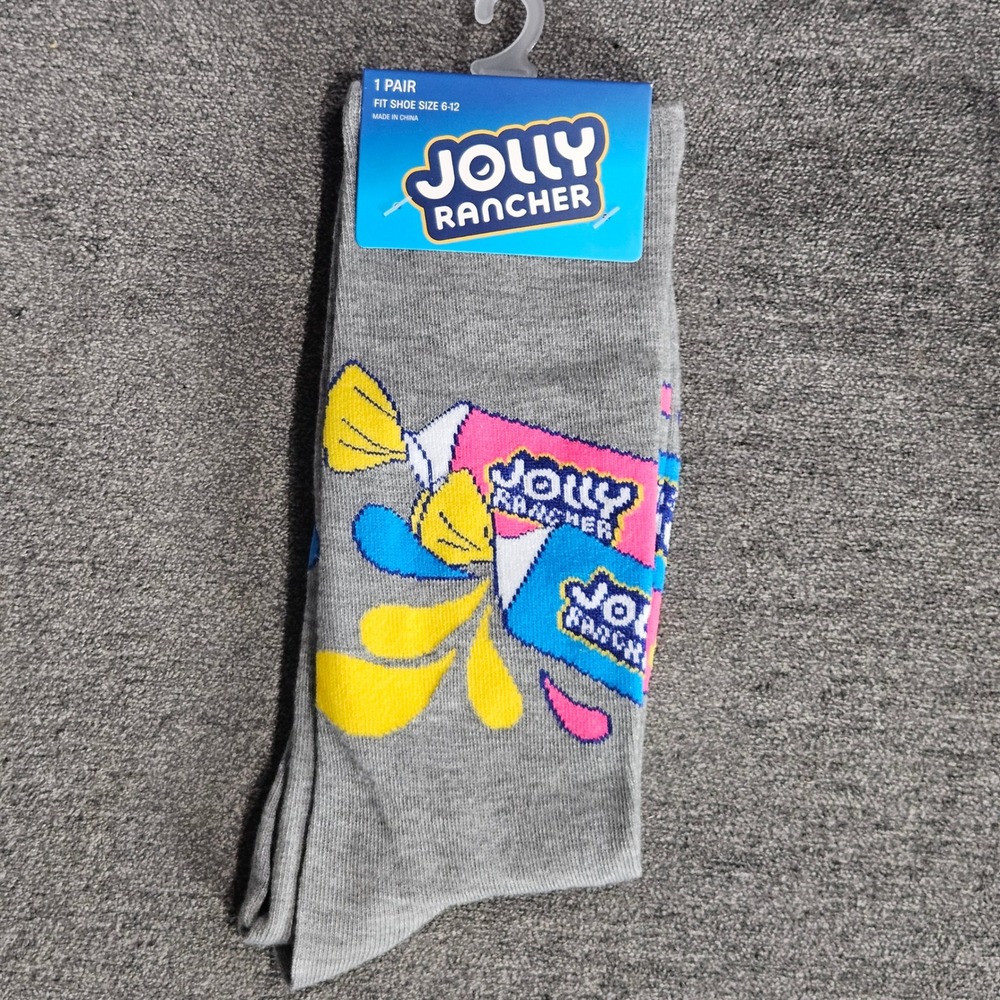 Jolly Rancher Gray Graphic Crew Socks NWT Shoe Size 6-12 HSU101-MUL Candy Print